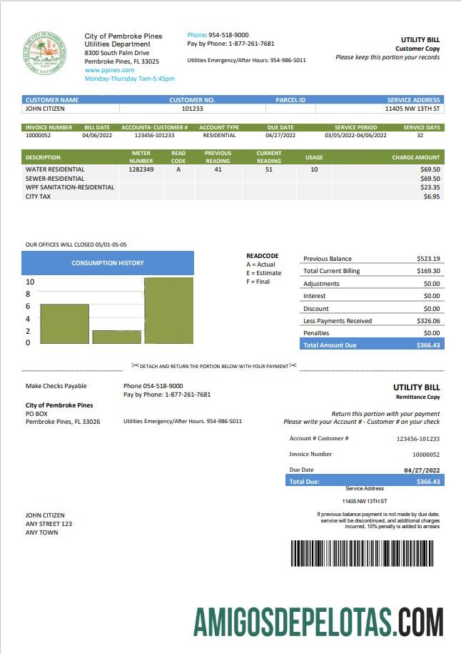 realista Modelo de conta de serviços públicos do Departamento de Utilidades da cidade de Pembroke Pines, EUA, Flórida, em formato Word e PDF